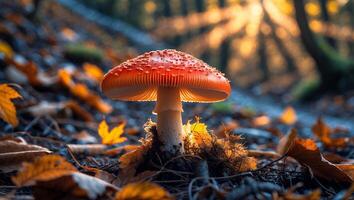 Fly Agaric Mushroom in Forest with Autumn Leaves and Sunlight photo
