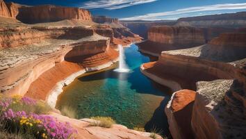 Canyon River Waterfall with Clear Water and Wildflower Landscape View photo