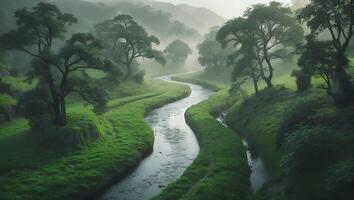 Winding River Flowing Through Green Valley with Mist and Trees photo