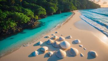 Seashells on Sandy Beach with Turquoise Water and Lush Greenery photo