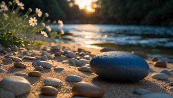 Calm Riverbank with Smooth Stones and Gentle Sunset Light photo