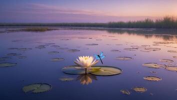 Water Lily Blooming on Lake with Dragonfly at Dusk Landscape photo