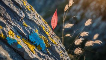 Red Leaf on Rock with Lichen and Grass Natural Still Life photo