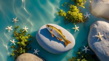 Fish Resting on a Stone in Clear Water with Starfish photo