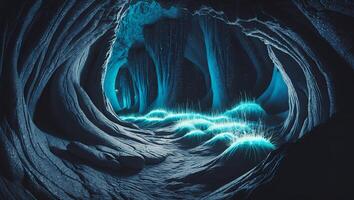 Exploring a Mystical Cave Glowing with Bioluminescent Life Forms photo