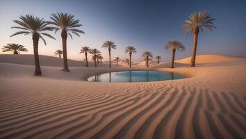 Palm Trees Around Oasis in Desert at Sunset with Rippling Sand photo