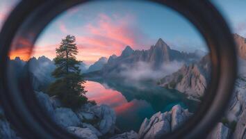 Lake and Mountain Reflection Seen Through Ring at Sunset photo