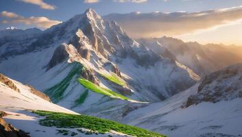 Exploring Snowy Mountain Peaks with Patches of Green Grass Landscape photo