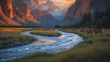 Deer by Winding River in Mountain Valley with Warm Light photo