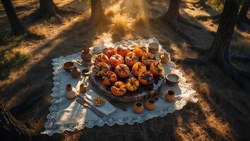 Peaches on Wooden Slab in Forest Clearing with Picnic Setting photo