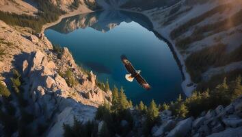 Eagle Flying Over Mountain Lake with Reflection and Forest View photo