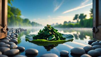 Serving Kale on Leaf in Calm Water by Open Window photo