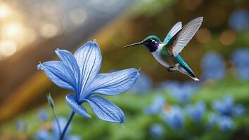 Hummingbird Hovering Near Blue Flower in a Garden Setting photo