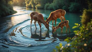 Deer Family Drinking in River Reflecting Light Through the Trees photo
