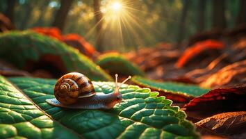 Snail Crawling on Green Leaf in Forest with Sunlight Beams photo