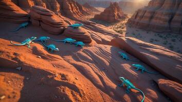 Iguana Group Walking Across Desert Sandstone Rock Formation at Sunset photo