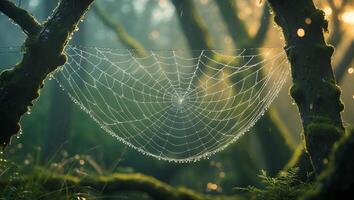 Spiderweb Dewdrops Hang Between Trees in Forest During Early Morning photo