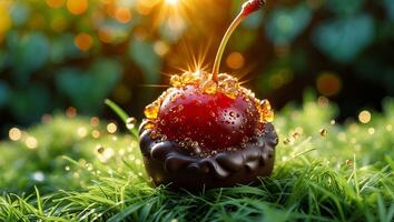 Cherry Chocolate Dessert with Dew Drops Glistening in Sunlight photo