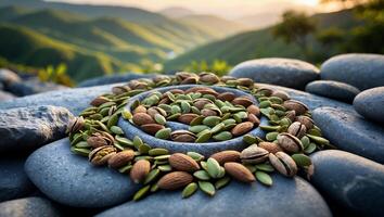 Nuts and Seeds Arrangement on Rocks with Mountain Landscape Background photo
