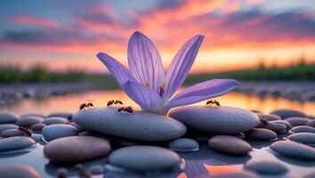 Ants on Rocks with Crocus Flower Reflecting Sunset Sky photo