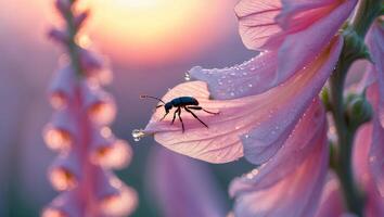 A bug on a pink flower with water droplets on it photo