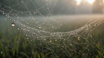 Dew Covered Spiderweb Hanging in Grassy Field at Dawn photo