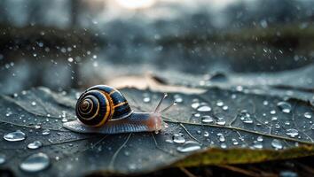 Snail Crawling on Wet Leaf During Rain with Water Droplets photo