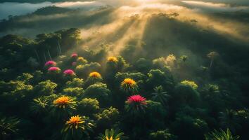 Lush Forest Canopy with Morning Sunbeams and Colorful Flowering Trees photo
