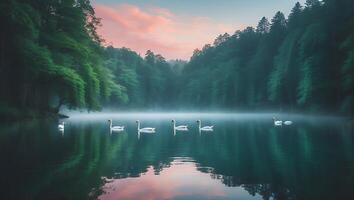 Swans Swim on Calm Lake with Forest and Dreamy Sky photo