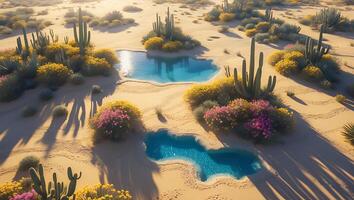 Desert Oasis Landscape with Cacti and Pools of Water photo