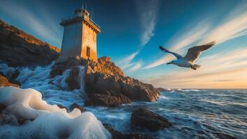 Seagull Flying by Lighthouse on Rocky Coastline with Ocean Waves photo