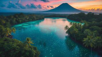 Aerial View of Calm Lake and Tropical Forest with Mountain Backdrop photo