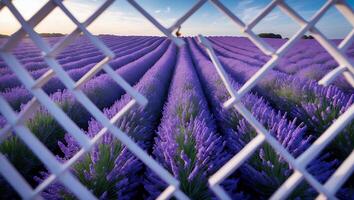 Lavender Field View Through Fence at Sunset with Rows of Flowers photo