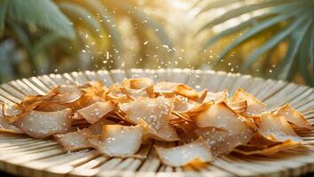 Serving of Crispy Chips with Sprinkling Seasoning on Decorative Plate photo