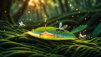 Honey Drip on Leaf with Green Insect in Forest Scene photo