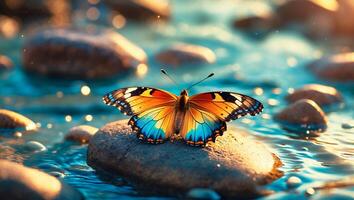 Butterfly Resting on Stone in Flowing Water with Colorful Wings photo