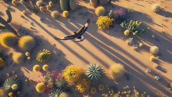 Eagle Flying Over Arid Desert Landscape with Cactus and Flowers photo
