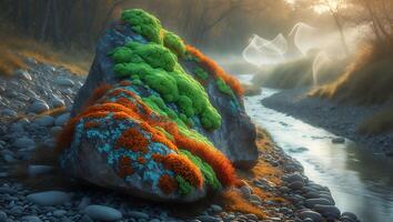 Colorful Rock by Peaceful River with Foggy Backlight Landscape photo