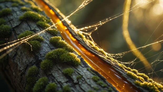 Tree Sap Flowing with Moss and Web in Sunlight photo