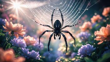 Spider Weaving Web in a Flower Garden with Morning Dew photo