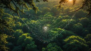 Spiderweb with Dew Drops Hanging in Forest Canopy Sunlight photo