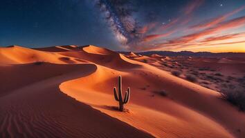 Cactus Standing in Desert Sand Dunes with Galaxy and Starry Sky photo