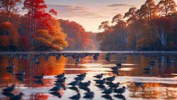 Birds Resting on River at Autumn Sunrise with Colorful Trees photo