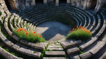 Ancient Stone Amphitheater with Poppies Gracing Steps in Sunny Setting photo