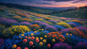 Scenic Flower Meadow Blooming at Sunset with Glowing Light Orbs photo