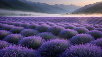 Lavender Field Blooming with Mountains and Fog in the Distance photo