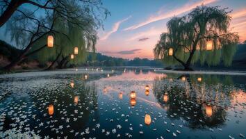 Tranquil Lake with Lanterns and Petals at Dusk Reflecting Pink Sky photo