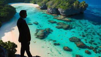 Man in Suit Overlooking Tropical Beach Paradise with Turquoise Waters photo