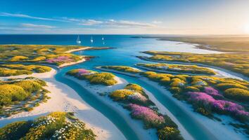 Aerial View of Coastal Lagoons with Flowering Vegetation and Sailboats photo