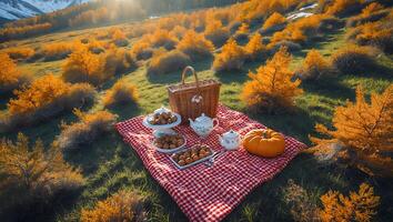 Autumn Picnic on Hillside with Food, Pumpkin, and Warm Sunlight photo
